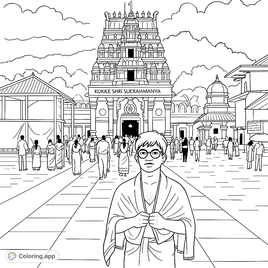 Explore a detailed temple scene with a young man in traditional attire, intricate architecture, and a bustling crowd, perfect for cultural exploration.