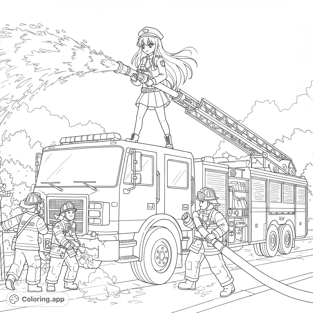 A brave young girl in a police uniform commands a fire truck, spraying water at firefighters below. A dynamic scene for aspiring heroes.