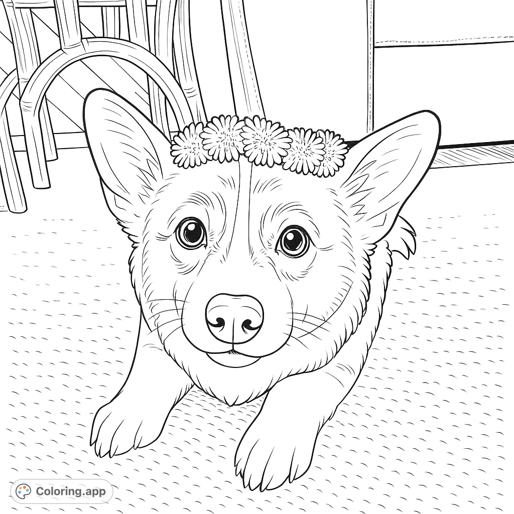 A charming Corgi dog wearing a delightful flower crown, lying on a textured floor. Perfect for animal lovers and a fun coloring activity.