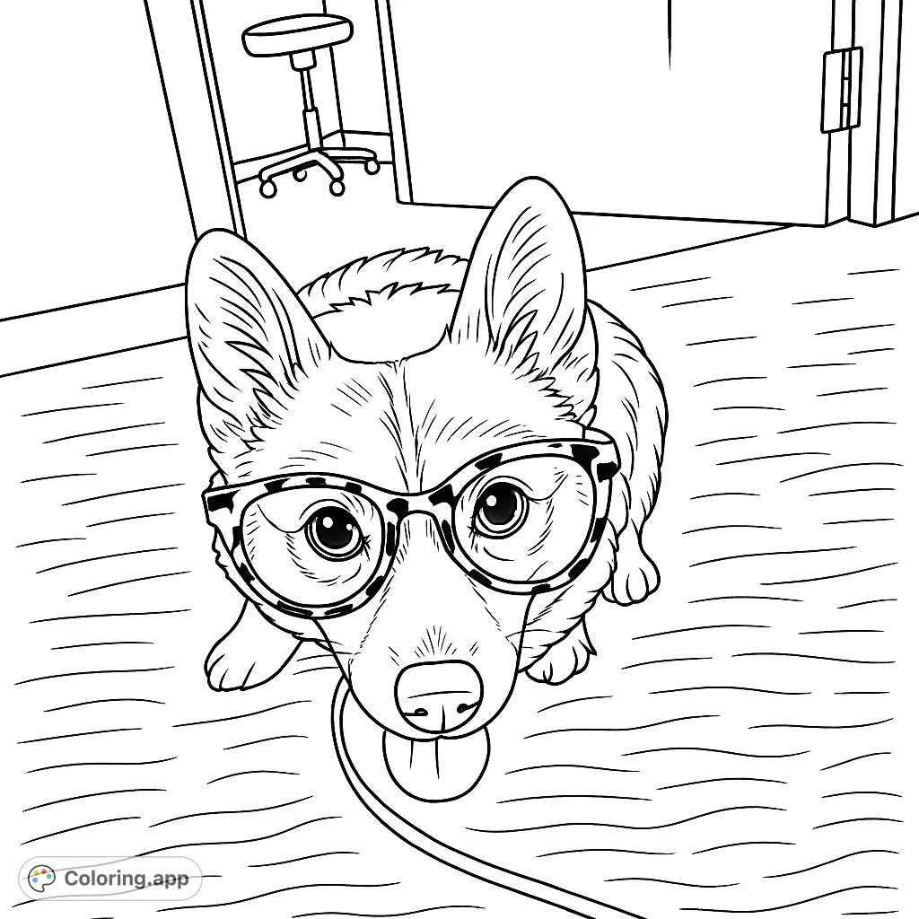 A delightful corgi wearing eyeglasses, ready for a fun coloring adventure! Perfect for dog lovers and anyone seeking a cute, engaging coloring page.