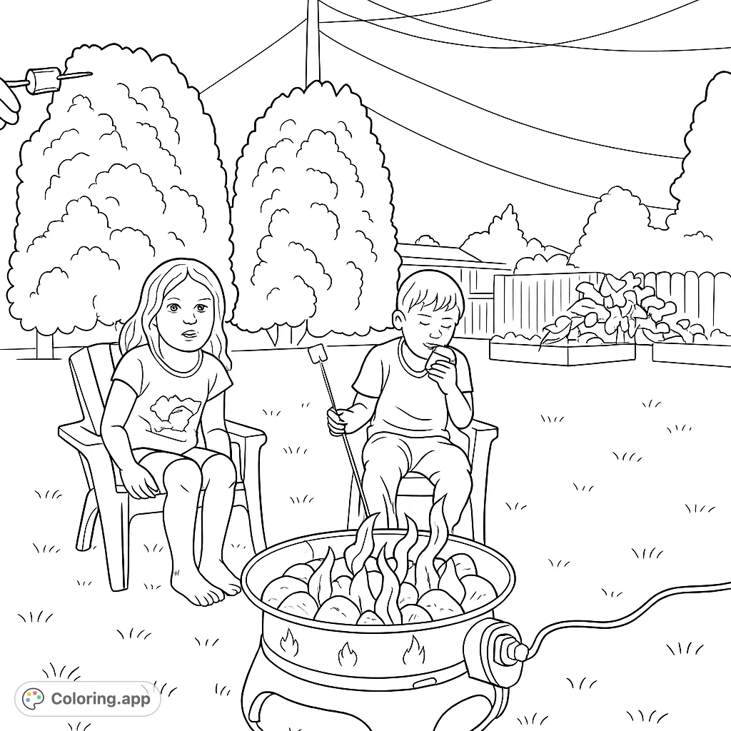 Kids roasting marshmallows by a cozy fire pit in the backyard. A fun scene for family and outdoor adventure.