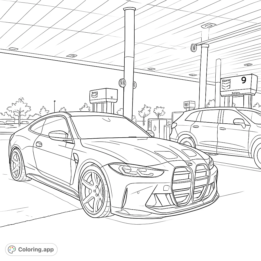 Color a dynamic sports car at a modern fuel station. Perfect for car enthusiasts to customize with unique designs and vibrant shades.
