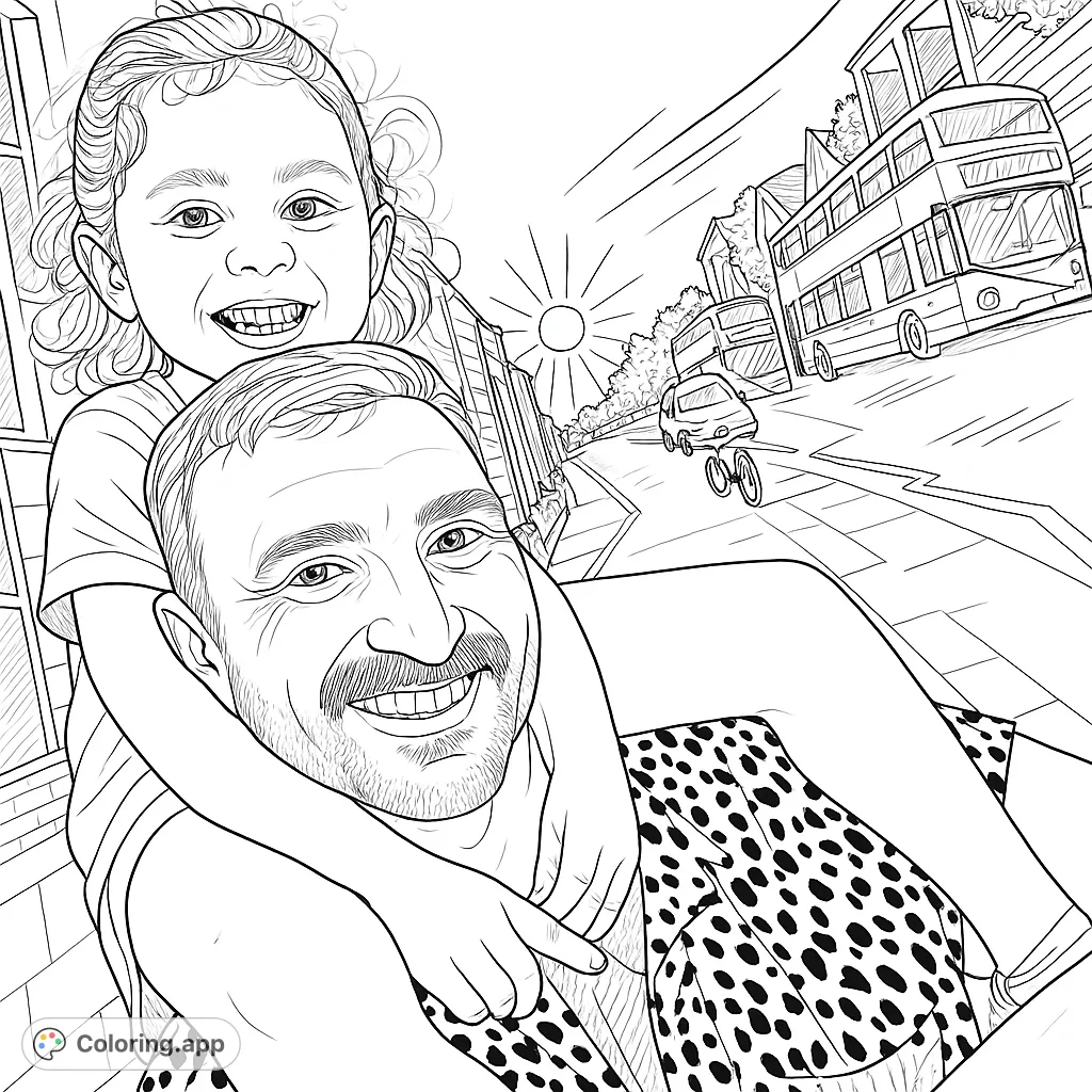 Capture a heartwarming urban scene with a father and child on a shoulder ride. Features city buses and buildings, perfect for a family-themed coloring page.