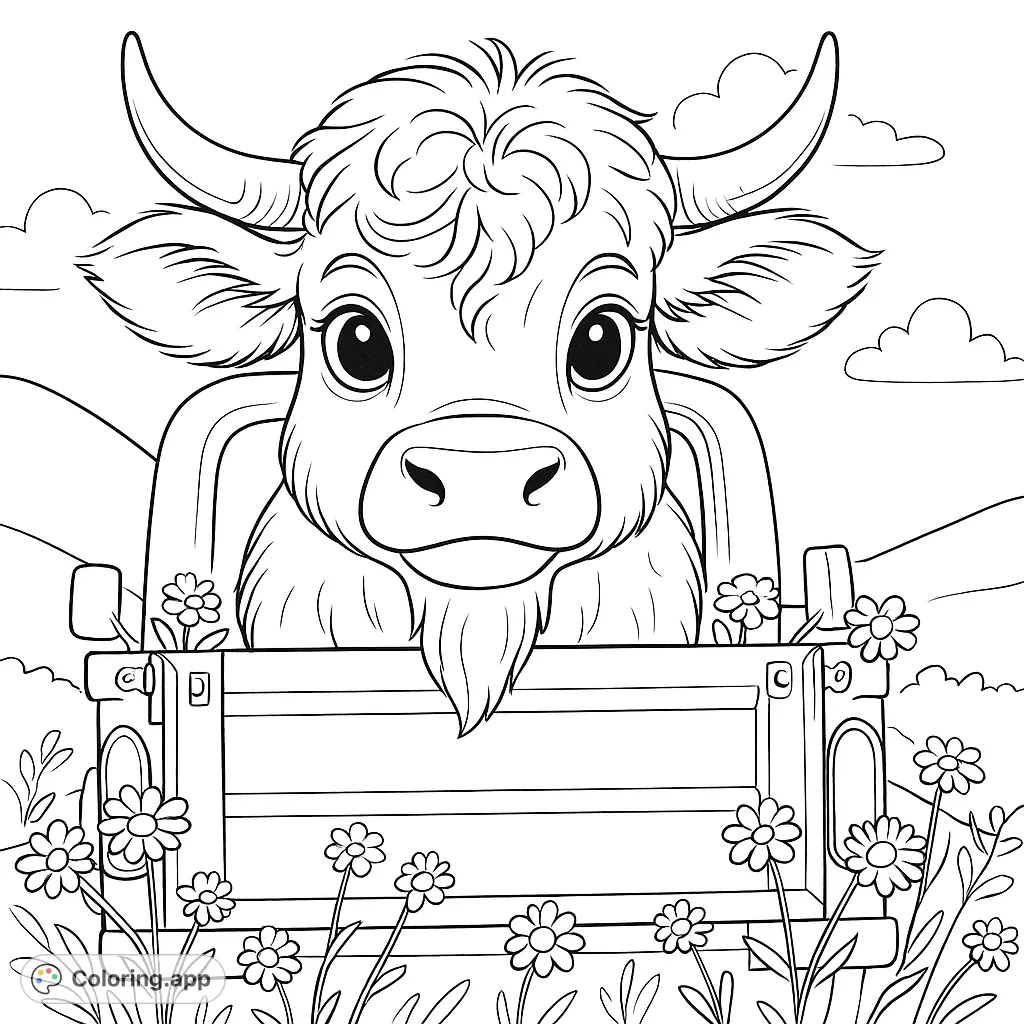 Adorable fluffy calf peeking from a vintage truck bed, surrounded by wildflowers. A charming farm animal coloring page.