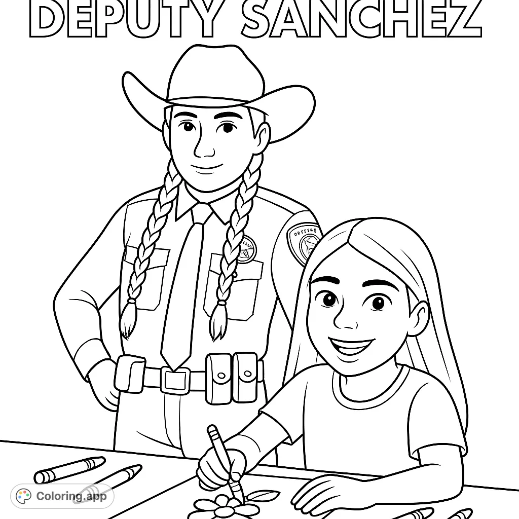A friendly deputy and a young girl share a creative moment, coloring a flower drawing. Perfect for teaching community helpers and fostering artistic expression.