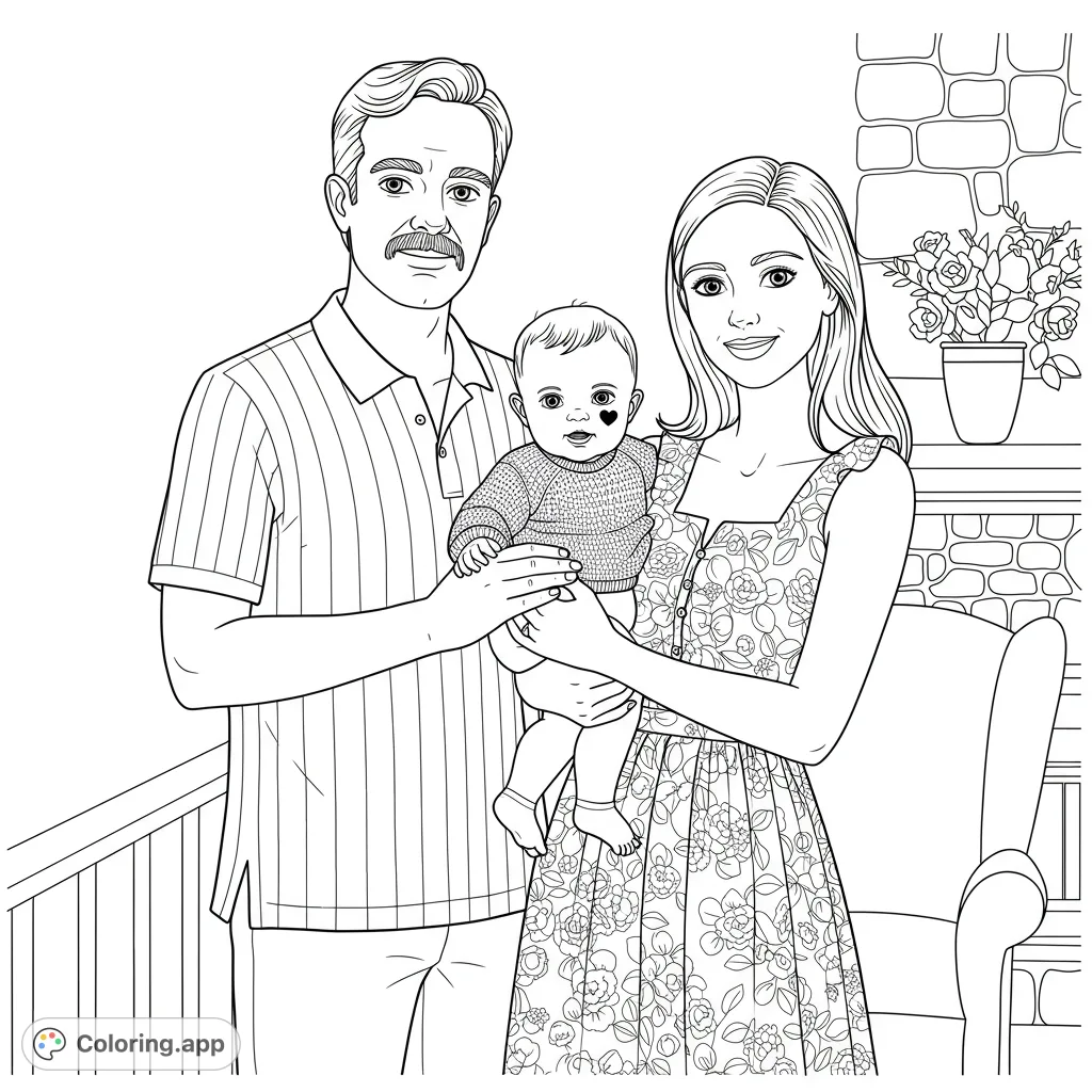 A heartwarming family portrait featuring a man, woman, and baby, perfect for a family coloring page. Simple lines and charming details.