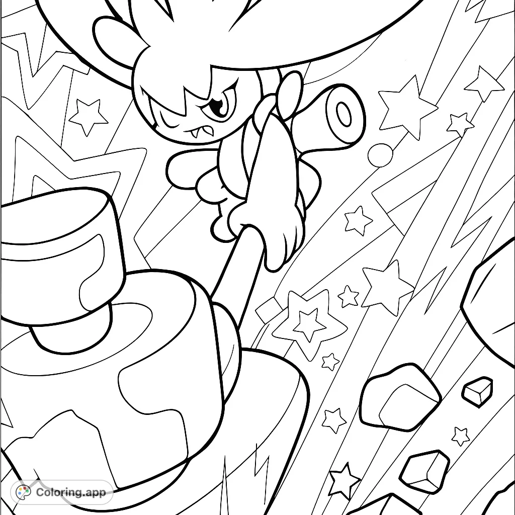 A dynamic character with a large headpiece clings to a mechanical structure amidst a vibrant, abstract background of stars and geometric shapes.