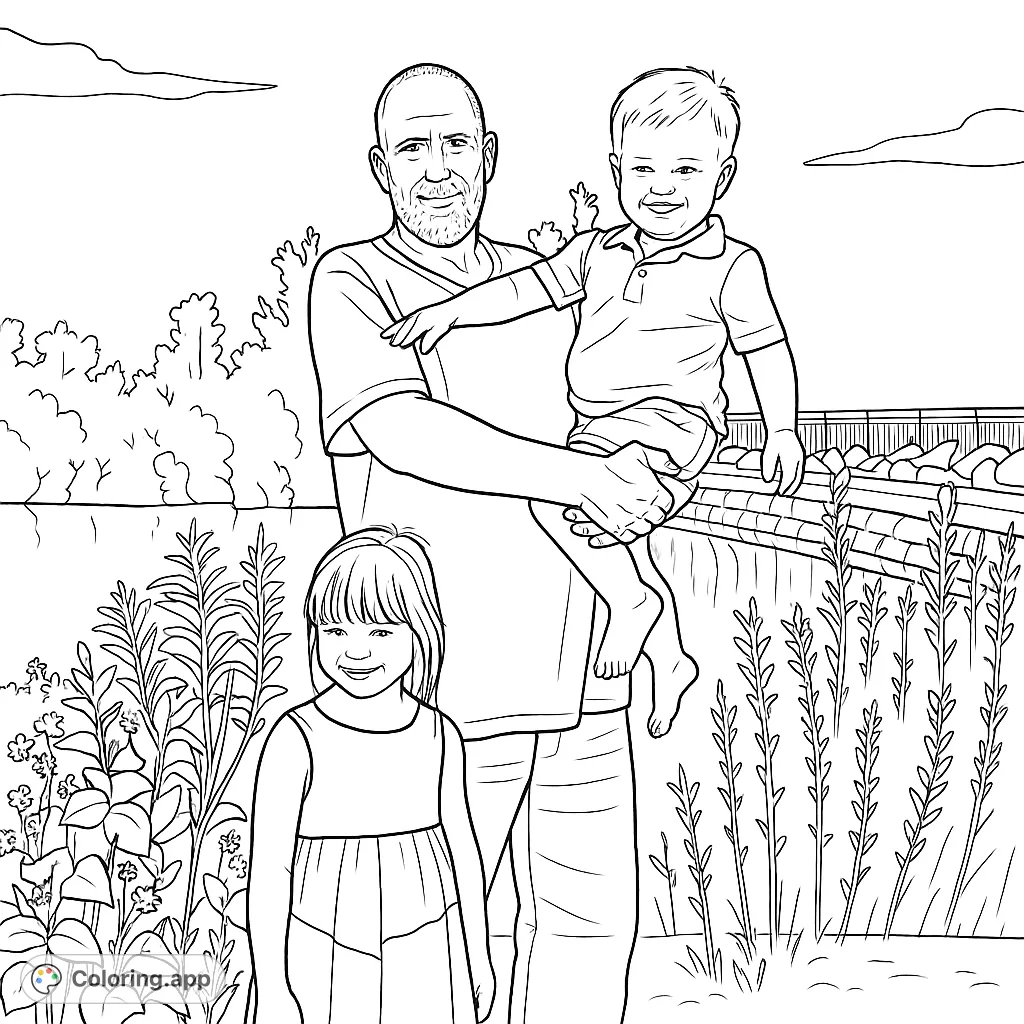 A heartwarming family portrait by the water, featuring a man holding a child and a girl, surrounded by lush nature. Perfect for all ages.