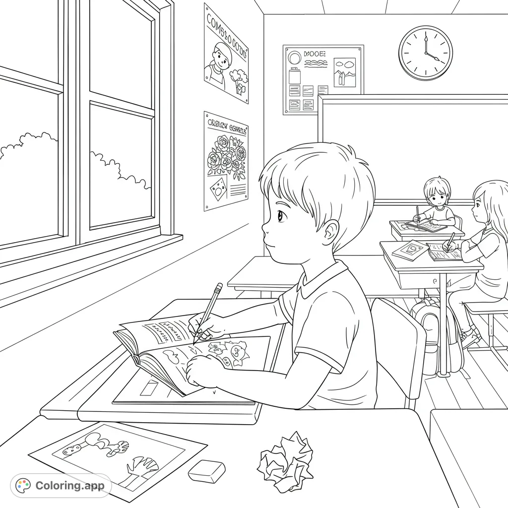 Capture a moment of childhood wonder with this free printable classroom daydream coloring page. A student gazes out the window, lost in thought.