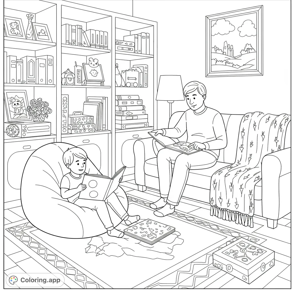 Discover a heartwarming scene of a child and parent reading in a cozy living room. This free printable coloring page captures a moment of quiet connection.