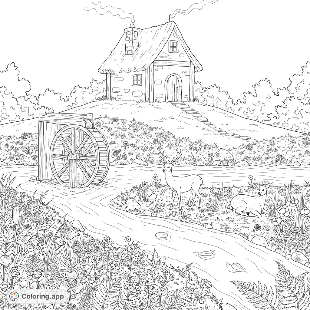 Discover a serene cob home on a hill overlooking a lazy river with a waterwheel, surrounded by a field of flowers and deer. A peaceful nature scene.