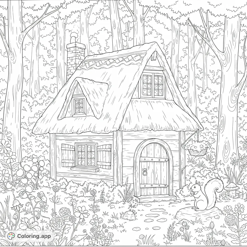 Step into a whimsical world with this fairytale cottage coloring page. Explore a charming woodland scene with a cozy home, lush trees, and playful squirrel.