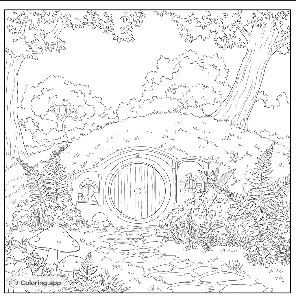 Explore a charming hobbit home nestled in a grassy hill, featuring a round wooden door and a playful pixie on a toadstool amidst lush ferns. A whimsical fantasy coloring page.