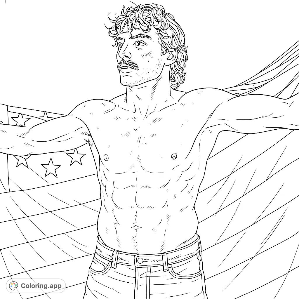 Capture the spirit of strength and patriotism with this rugged figure holding a flag. A powerful and inspiring American spirit coloring page.