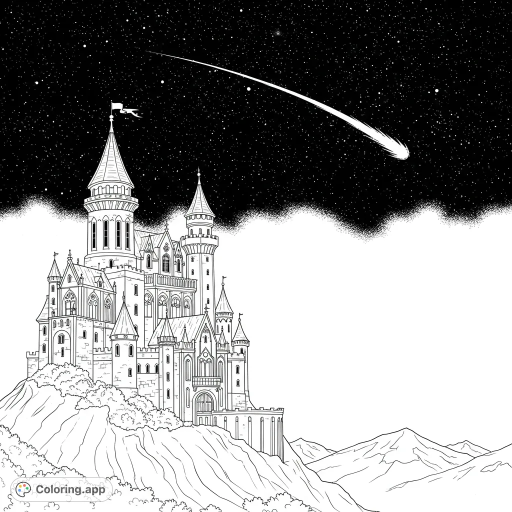 Explore a majestic castle beneath a sky full of stars and a streaking shooting star. A magical fantasy scene awaits your creative touch!