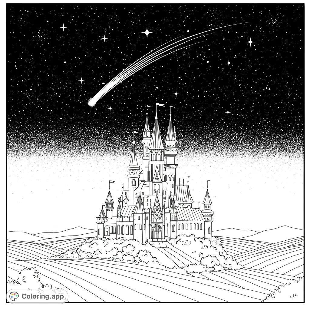 Immerse yourself in a magical fantasy coloring page featuring a majestic castle under a sky filled with twinkling stars and a luminous shooting star.