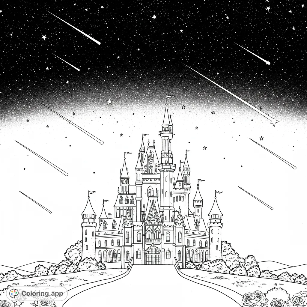 A majestic fantasy castle under a vast, starry night sky with streaking shooting stars. Perfect for a magical coloring adventure.