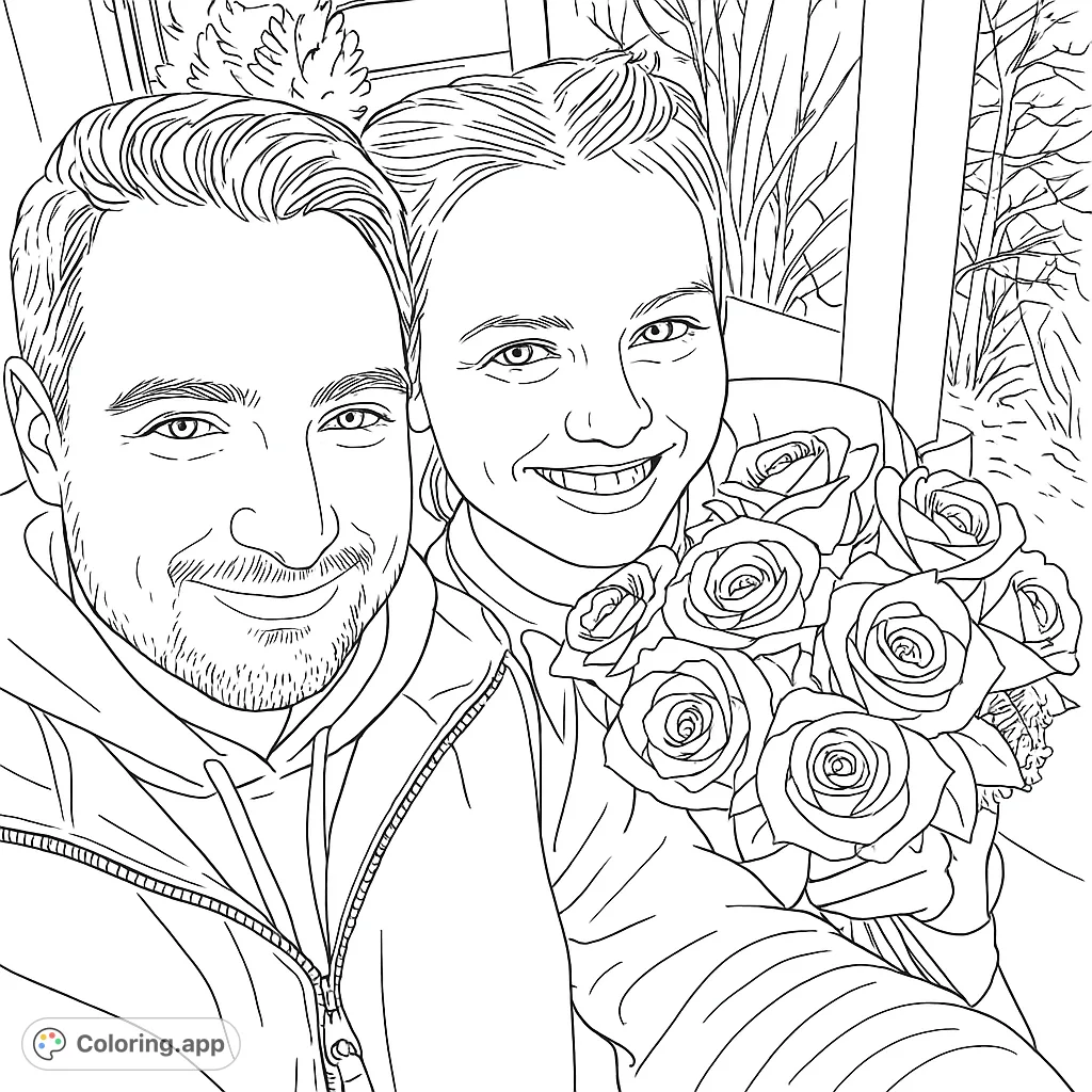 Capture a heartwarming moment with a smiling couple and a beautiful bouquet of roses. A delightful free printable coloring page for all ages.