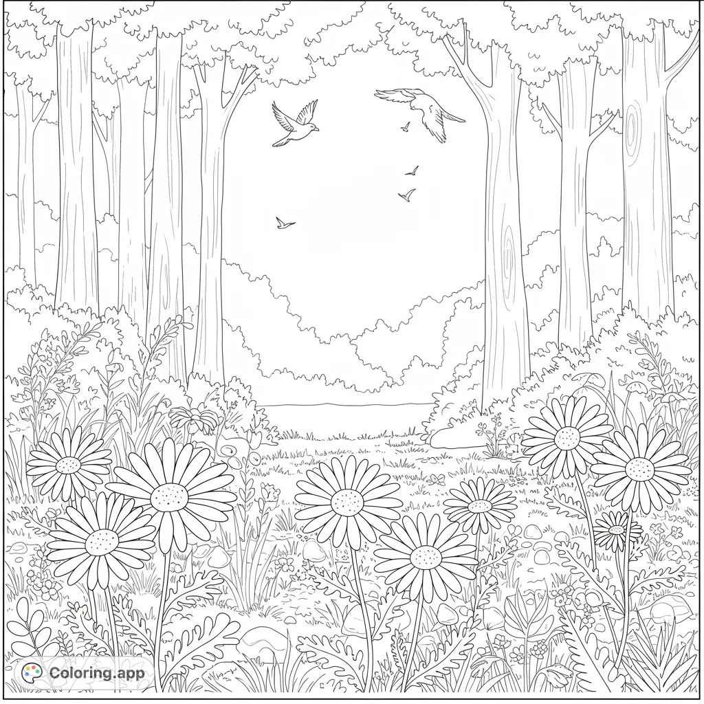 Discover a peaceful forest scene with delicate daisies and graceful flying birds. A beautiful nature coloring page for all ages to enjoy.