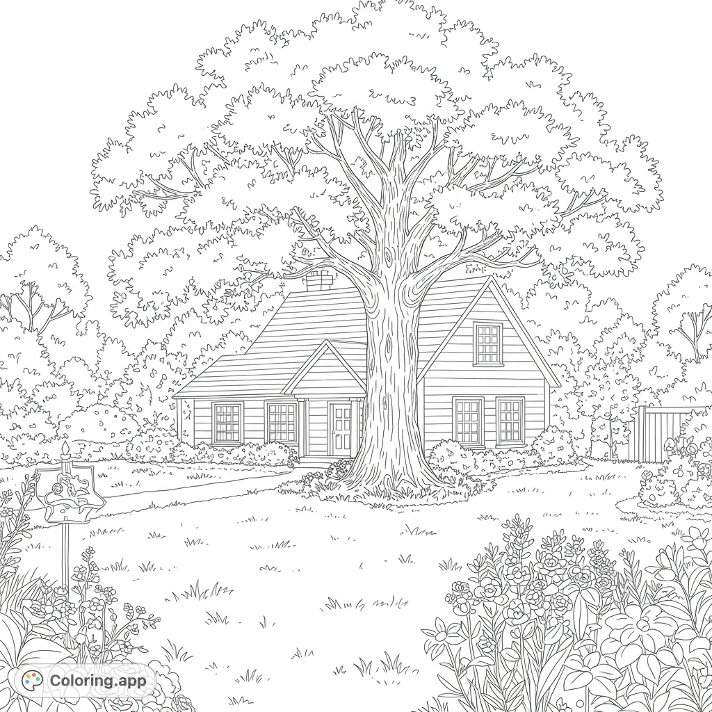 A delightful house nestled in a big, sunny garden with a grand oak tree, perfect for a relaxing coloring experience.