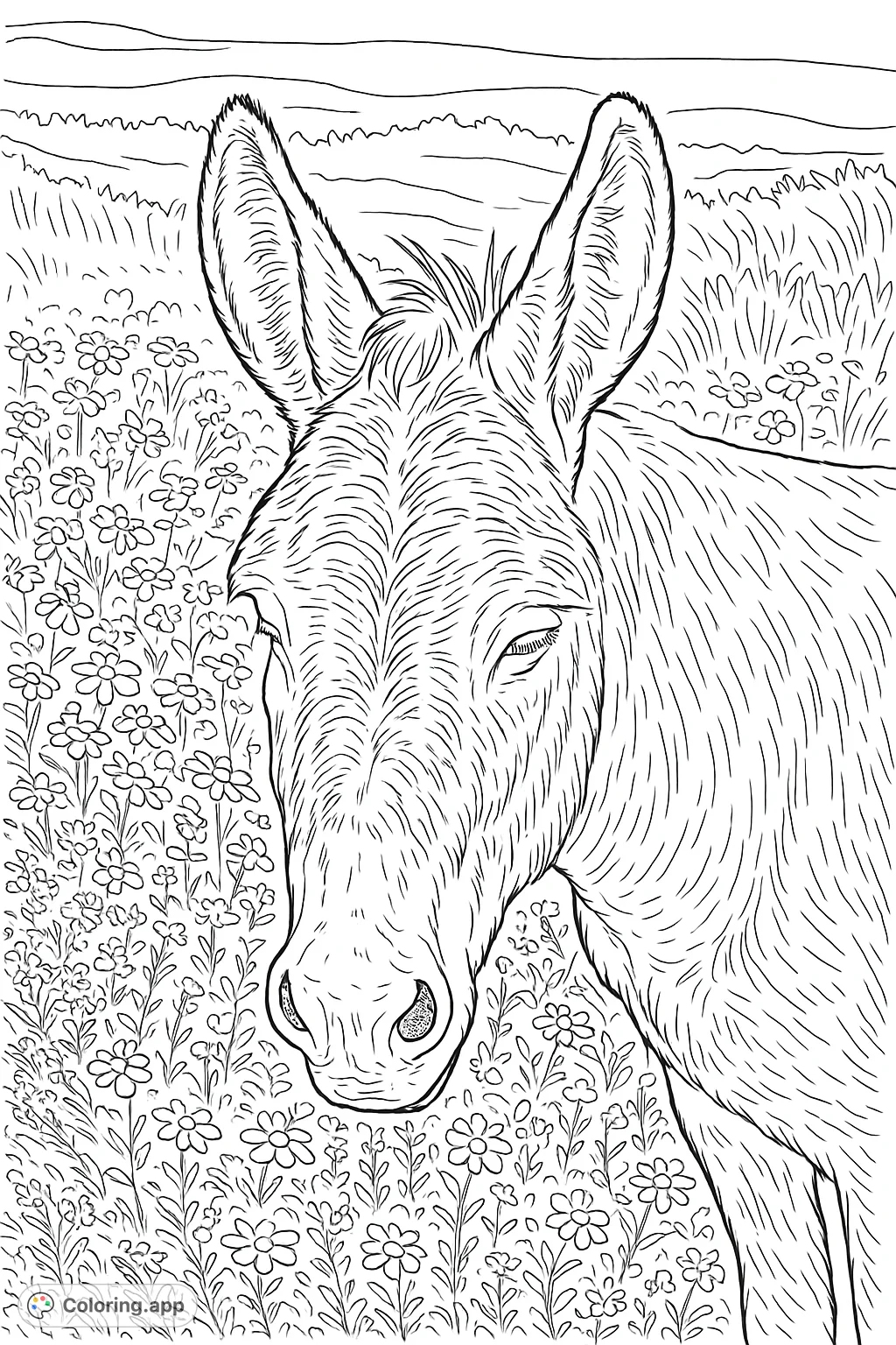 A charming donkey stands amidst a vibrant field of wildflowers, offering a delightful scene for coloring enthusiasts of all ages.