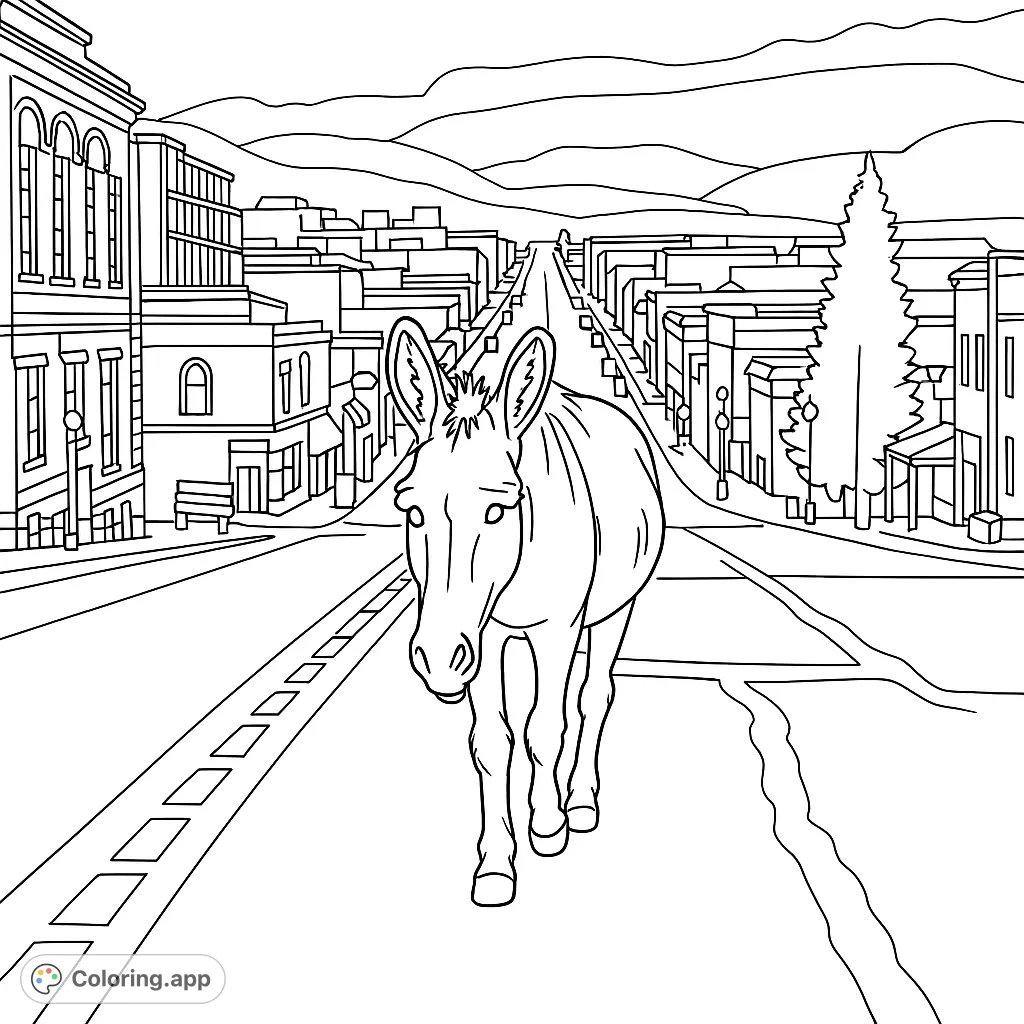 A charming donkey strolls down a historic town street, with buildings and mountains in the background. A delightful scene for all ages to color.