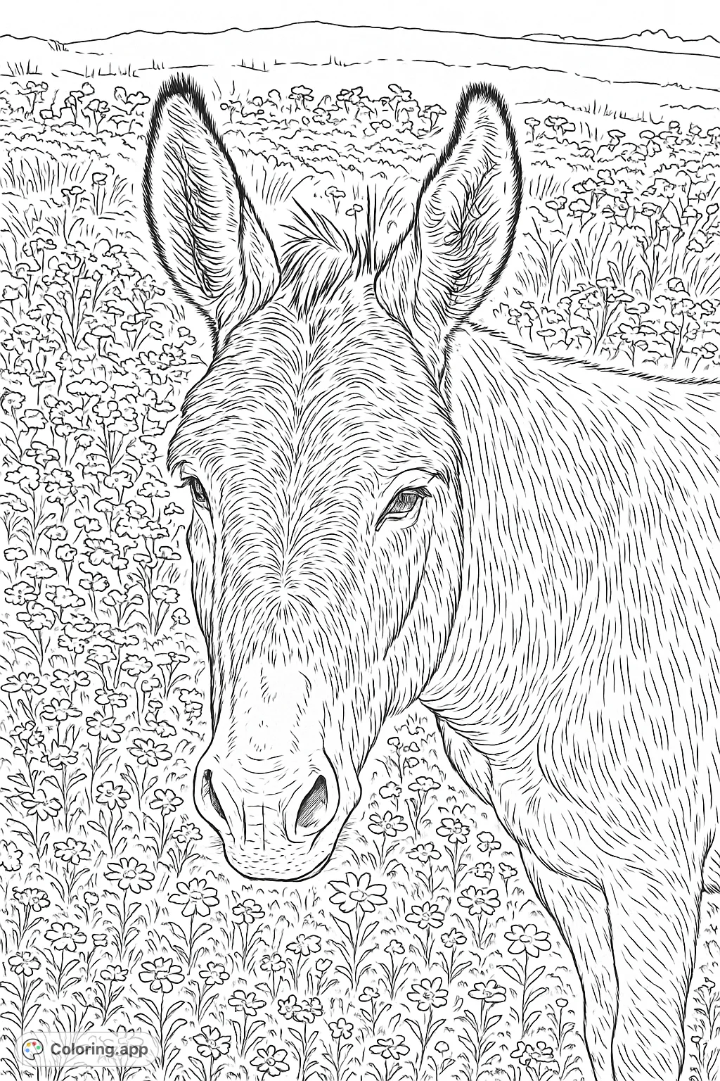 A detailed donkey coloring page featuring a gentle donkey amidst a vibrant field of wildflowers and textured grasses. Perfect for animal and nature lovers.