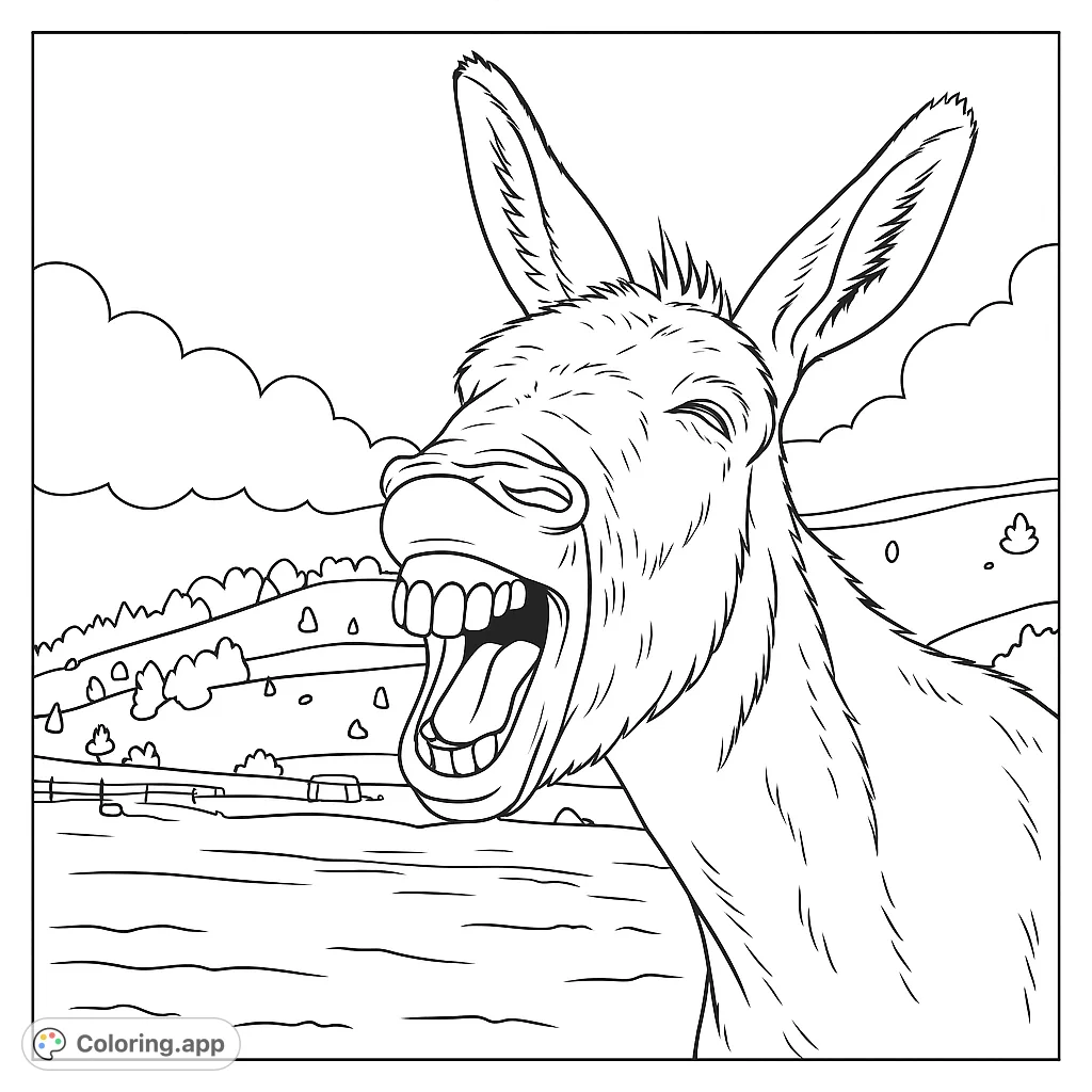 A hilarious donkey with a wide-open mouth, braying loudly in a field. Perfect for a fun and expressive coloring experience for all ages.