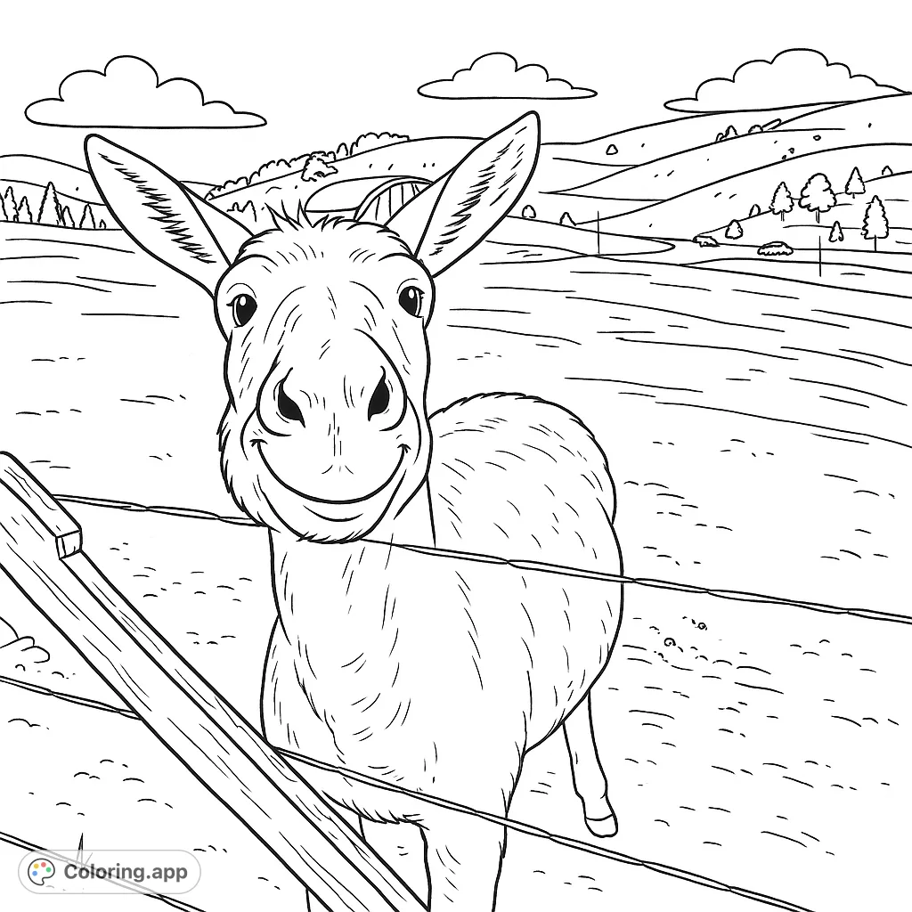 Color a charming donkey with a gentle smile, standing by a fence against a backdrop of rolling hills and distant snow. A delightful animal coloring page.