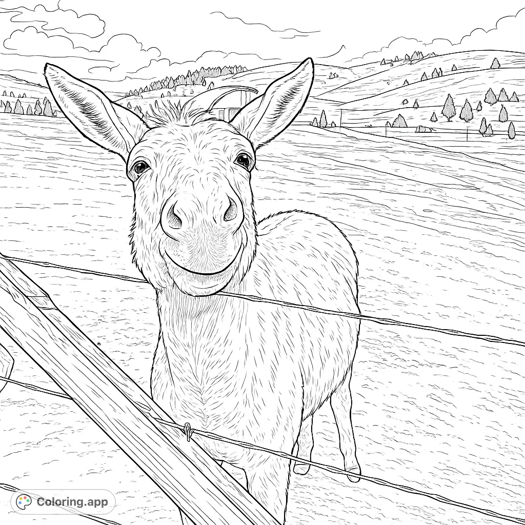 Color a charming donkey with a friendly expression, standing by a fence in a scenic, hilly landscape. A delightful farm animal coloring page for all ages.