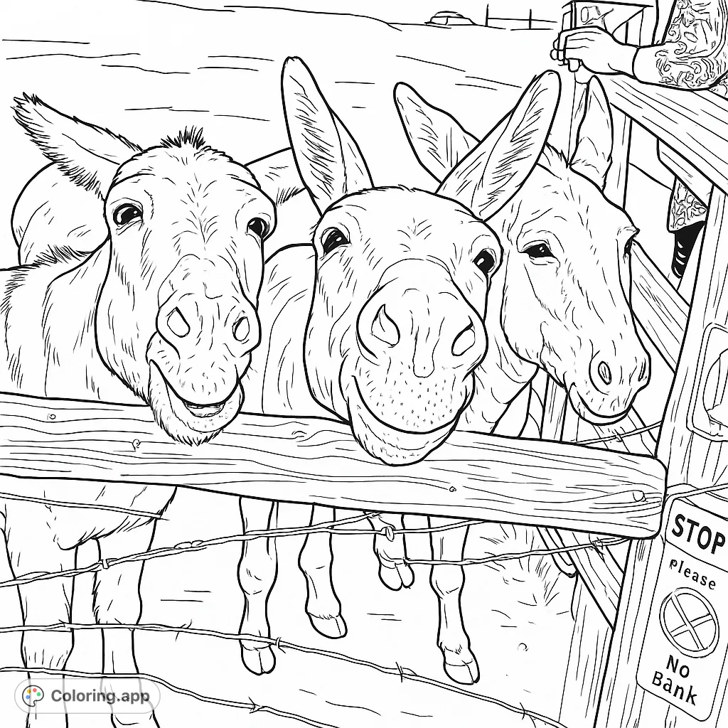 Three charming donkeys peer over a rustic fence, inviting you to add vibrant life to their expressive faces and the textured farm setting.