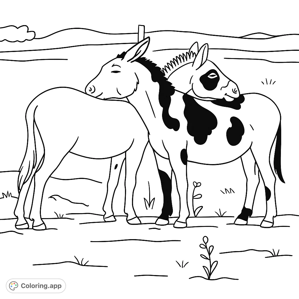 A heartwarming donkey coloring page featuring two friendly donkeys nuzzling each other in a peaceful field. Perfect for animal lovers of all ages.