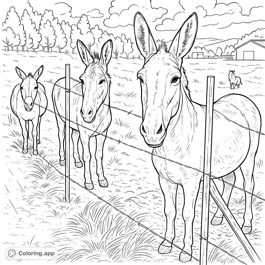 Meet three charming donkeys in a rustic farm setting. This free printable donkey coloring page offers a delightful scene for all ages to bring to life with their favorite hues.
