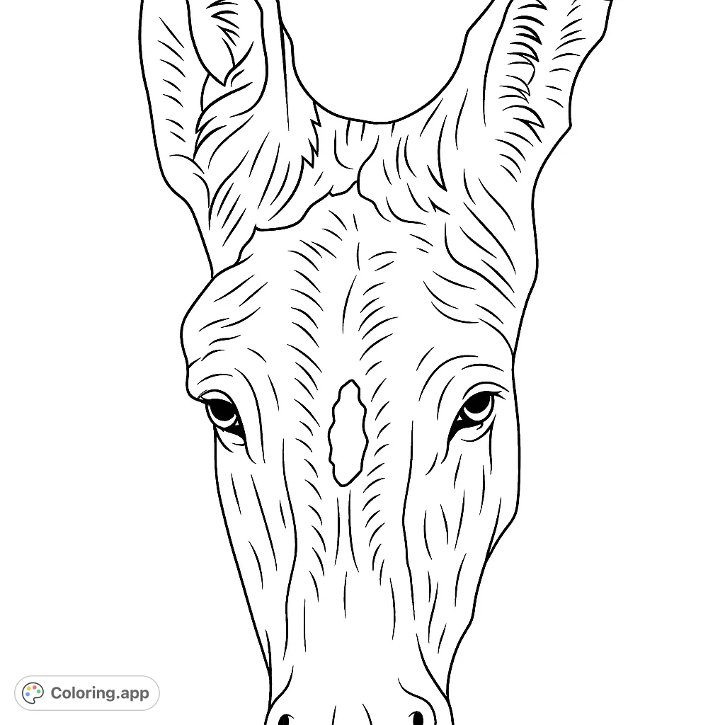 A detailed donkey head portrait, perfect for animal lovers to color and bring to life. Explore textures and shading on this gentle creature.