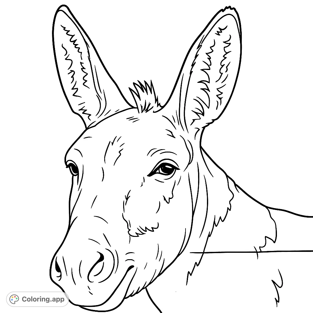 Capture the gentle spirit of a donkey with this detailed portrait coloring page. Perfect for animal lovers to explore textures and shading.