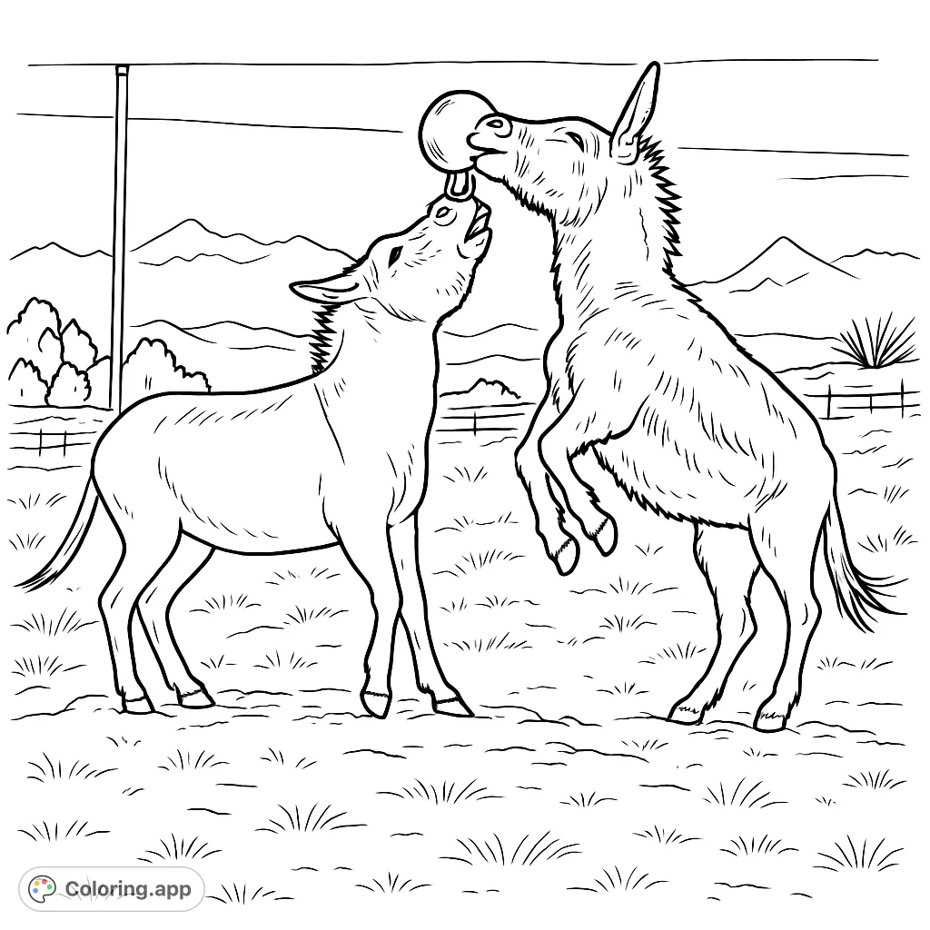 Capture the lively spirit of two donkeys playing in a snowy mountain landscape. This charming coloring page offers a delightful scene for all ages to enjoy.