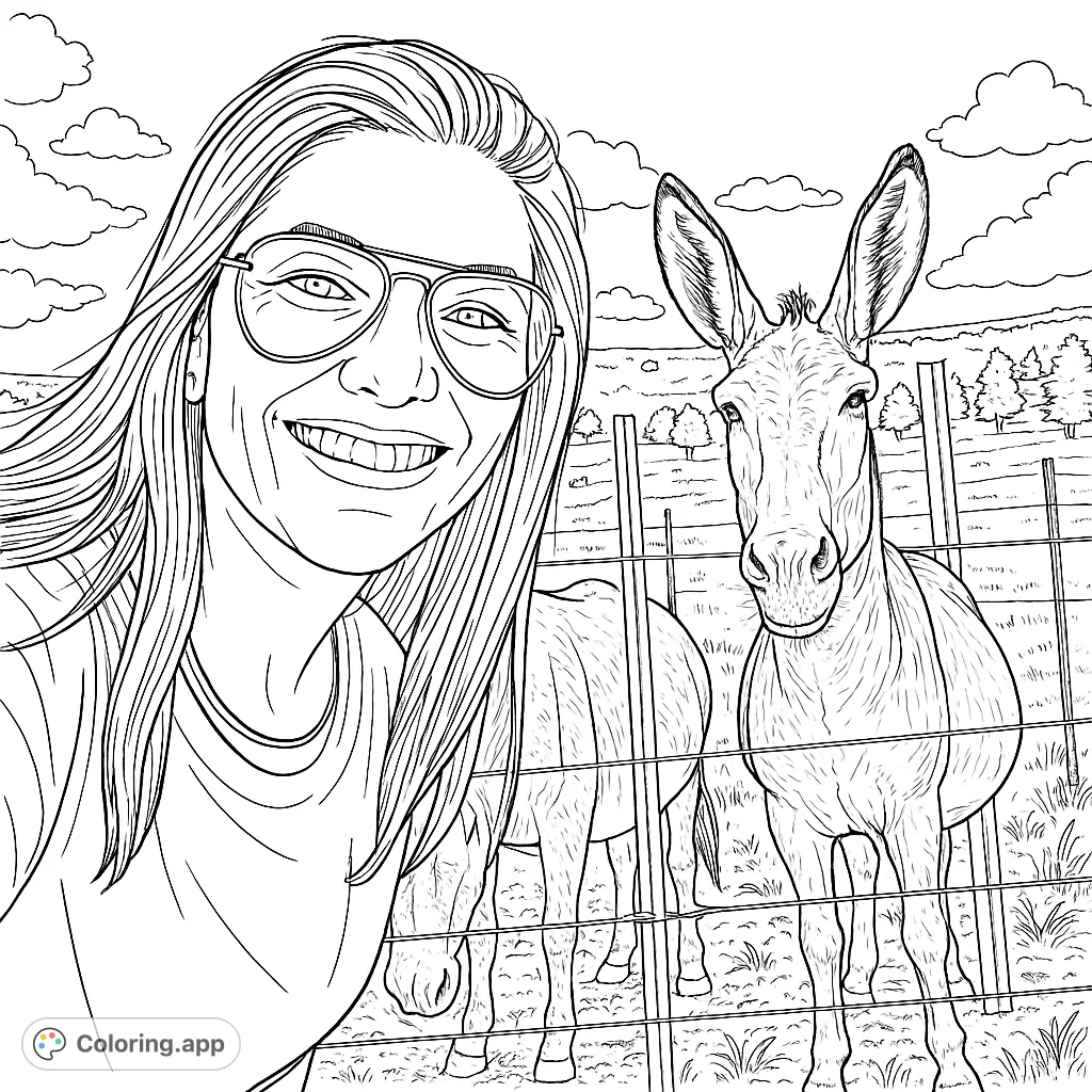 A cheerful person poses with friendly donkeys behind a fence, set against a scenic backdrop of hills and clouds. A delightful farm animal coloring page.