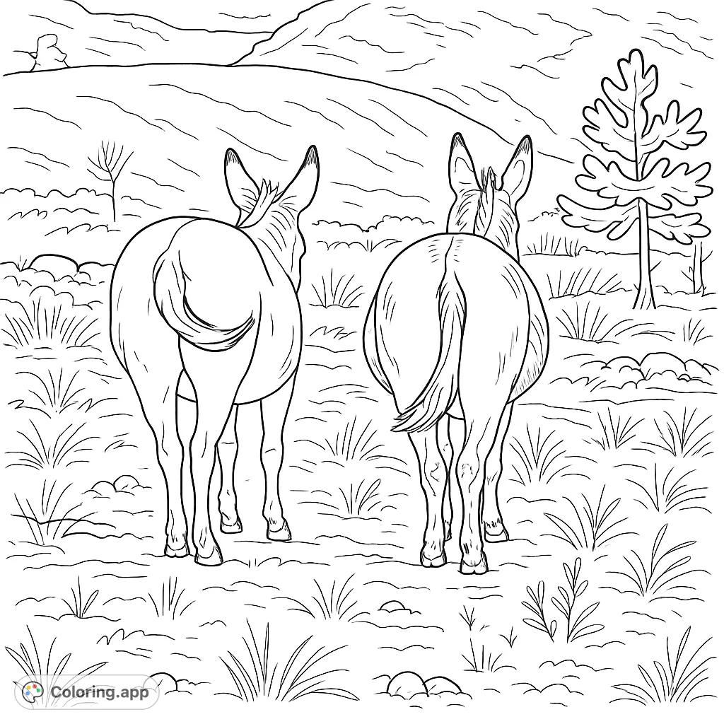 A charming scene of two donkeys standing in a grassy field, viewed from behind. Perfect for animal lovers to bring to life with their favorite hues.