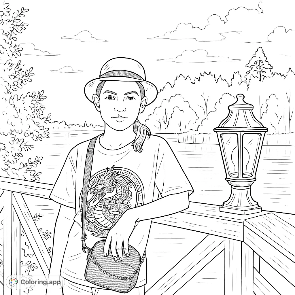 A young person in a hat and dragon t-shirt leans on a wooden railing by a serene lake, with a decorative lamp and distant trees.