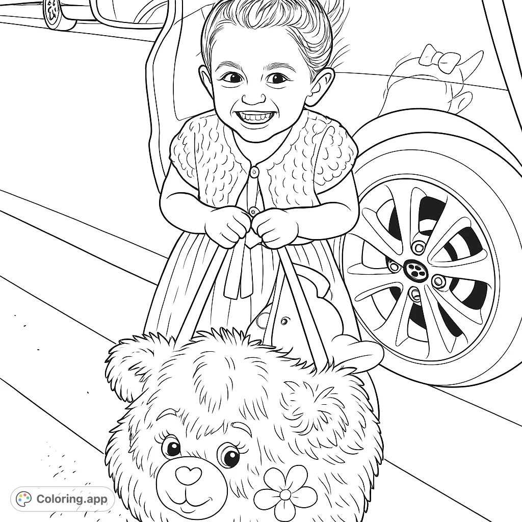 A delightful coloring page featuring a smiling child holding a large, fluffy bear-shaped bag. Perfect for young artists to bring to life with vibrant colors.