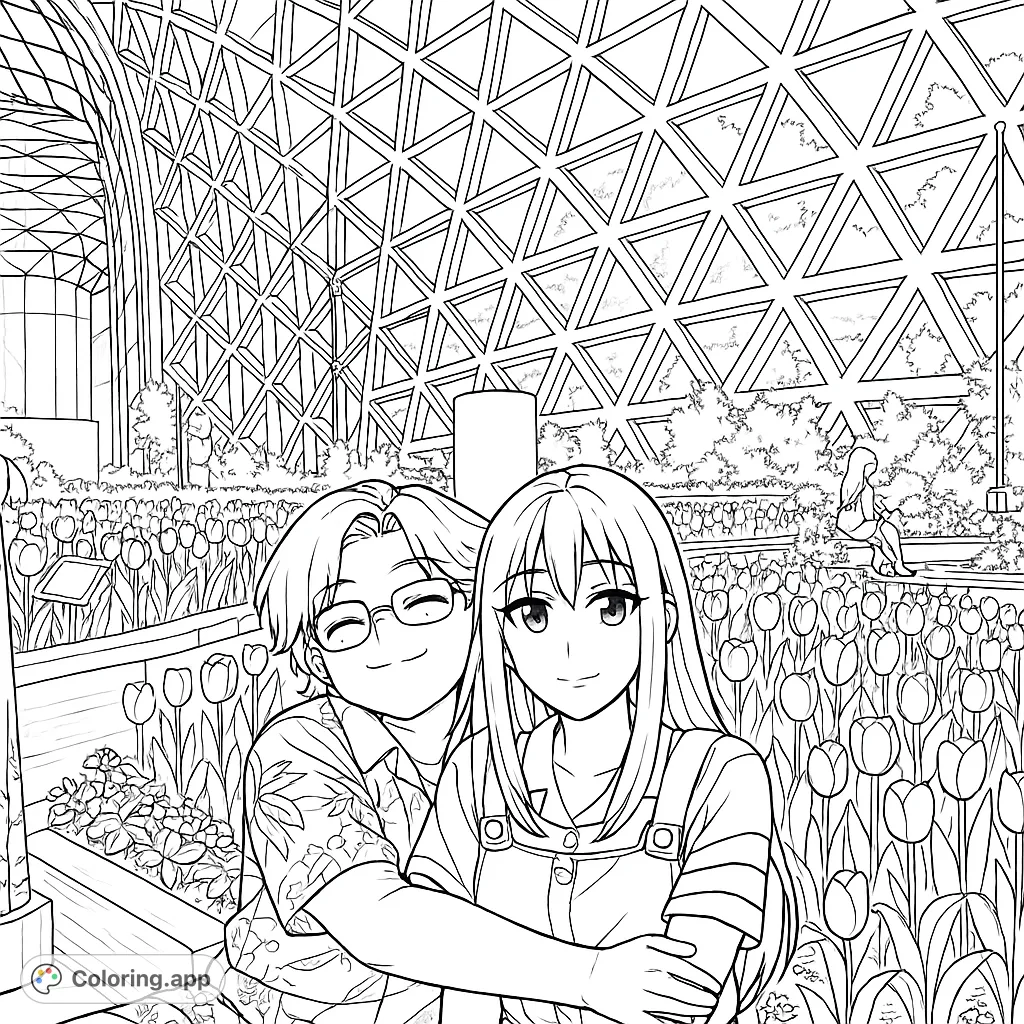 An anime-inspired couple shares a tender moment amidst a vibrant flower garden under a stunning geodesic dome. A charming scene for all ages.