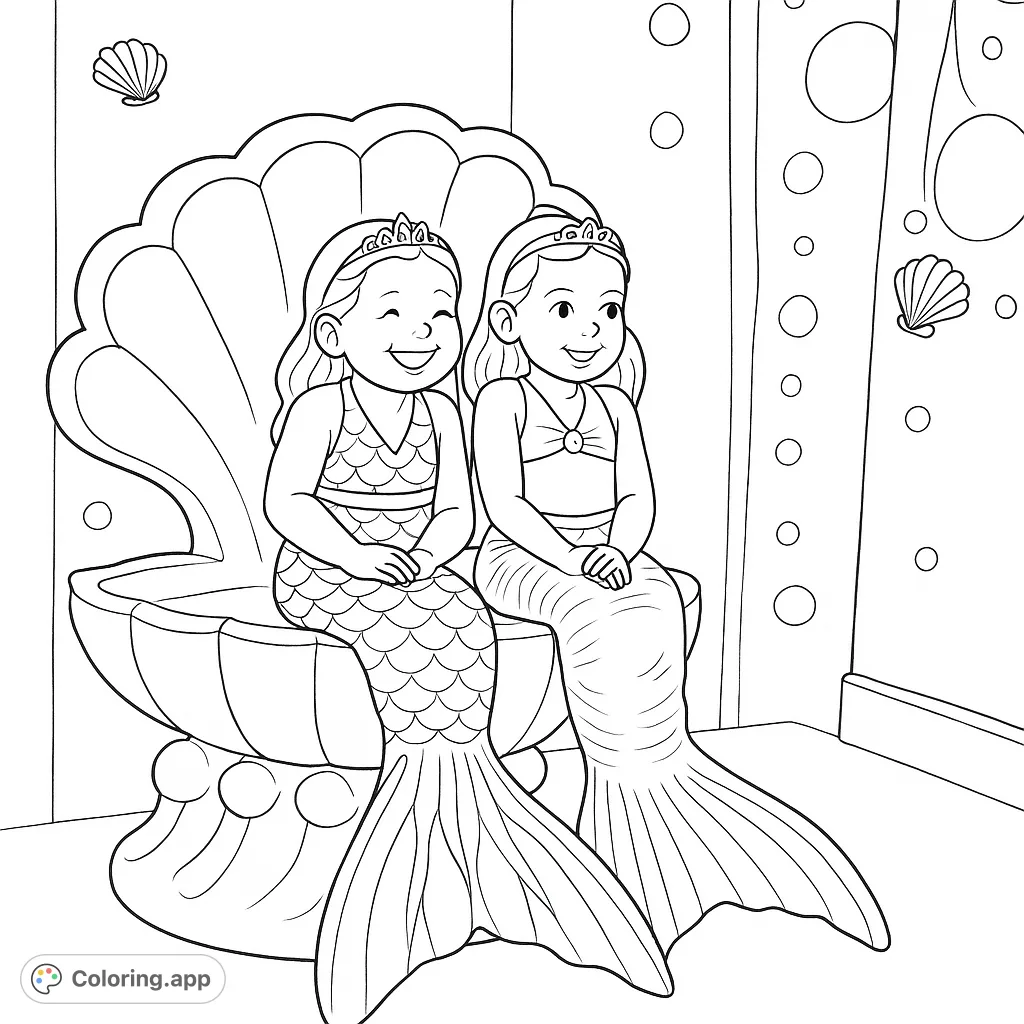 Dive into an enchanting underwater world with two joyful mermaid friends on a grand shell throne. A delightful mermaid coloring page for kids!
