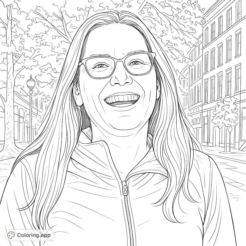 Capture a moment of pure joy with this realistic portrait coloring page. A woman's infectious laugh fills an urban scene, inviting detailed artistic expression.