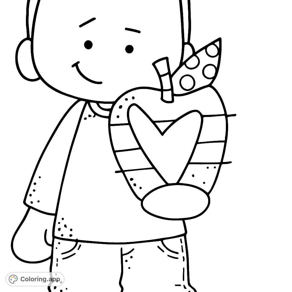 A cheerful boy holds a special apple with a heart cutout, perfect for school-themed coloring fun. Ideal for kids and teachers!