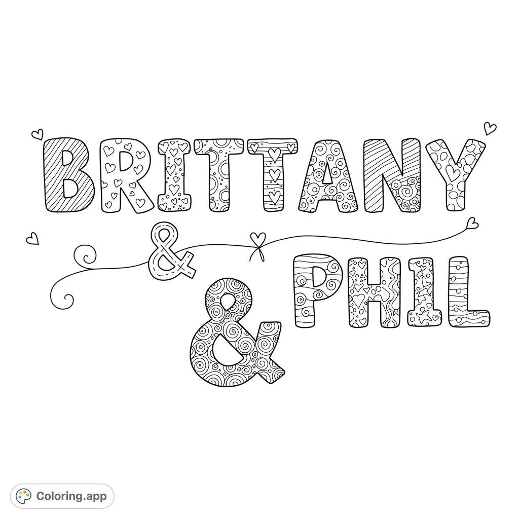 Personalize 'Brittany & Phil' with this cute doodle font coloring page. Fill each letter with unique patterns for a custom, heartfelt creation.