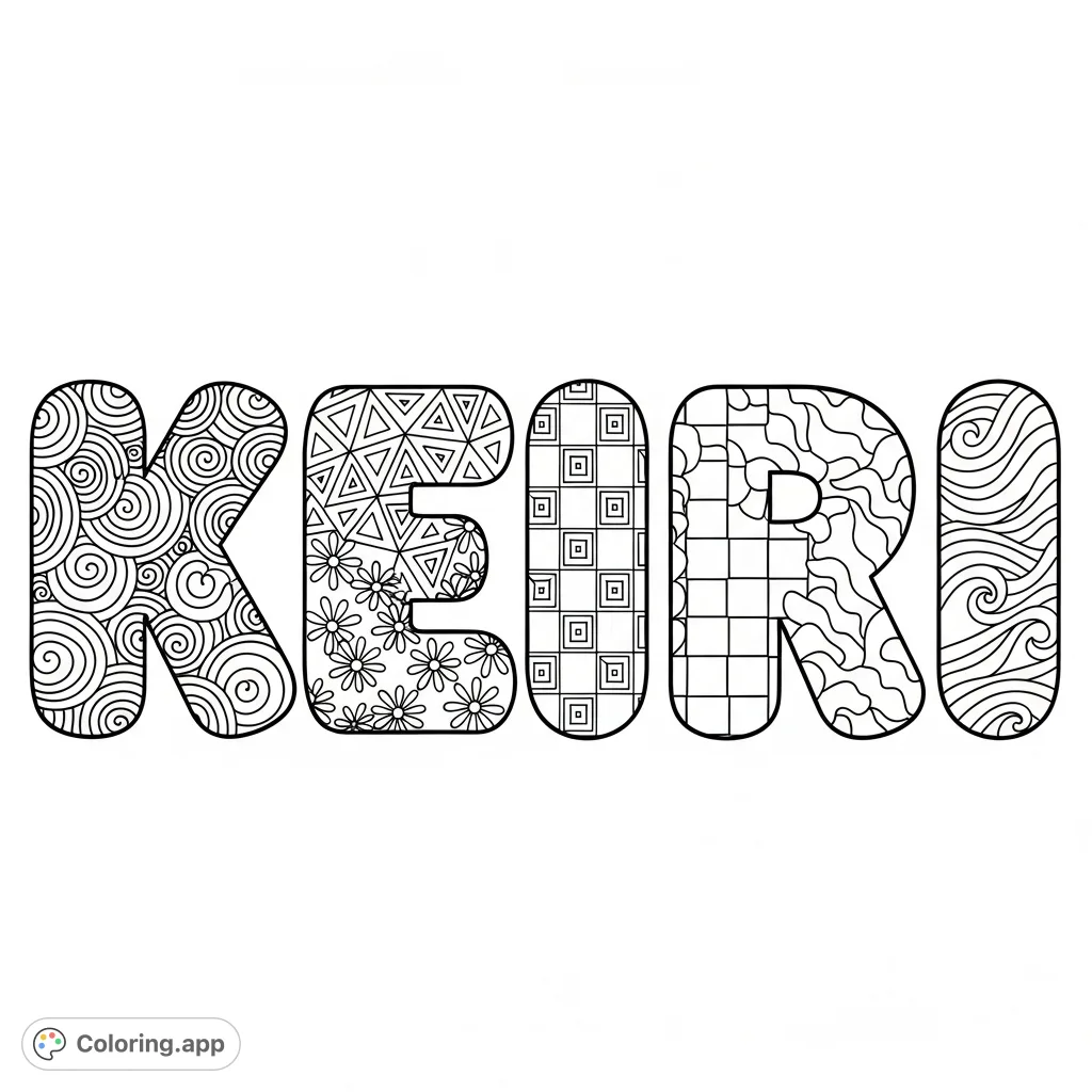 A fun KEIRI coloring page featuring large, bubbly letters filled with unique, intricate patterns. Perfect for creative expression and relaxation.