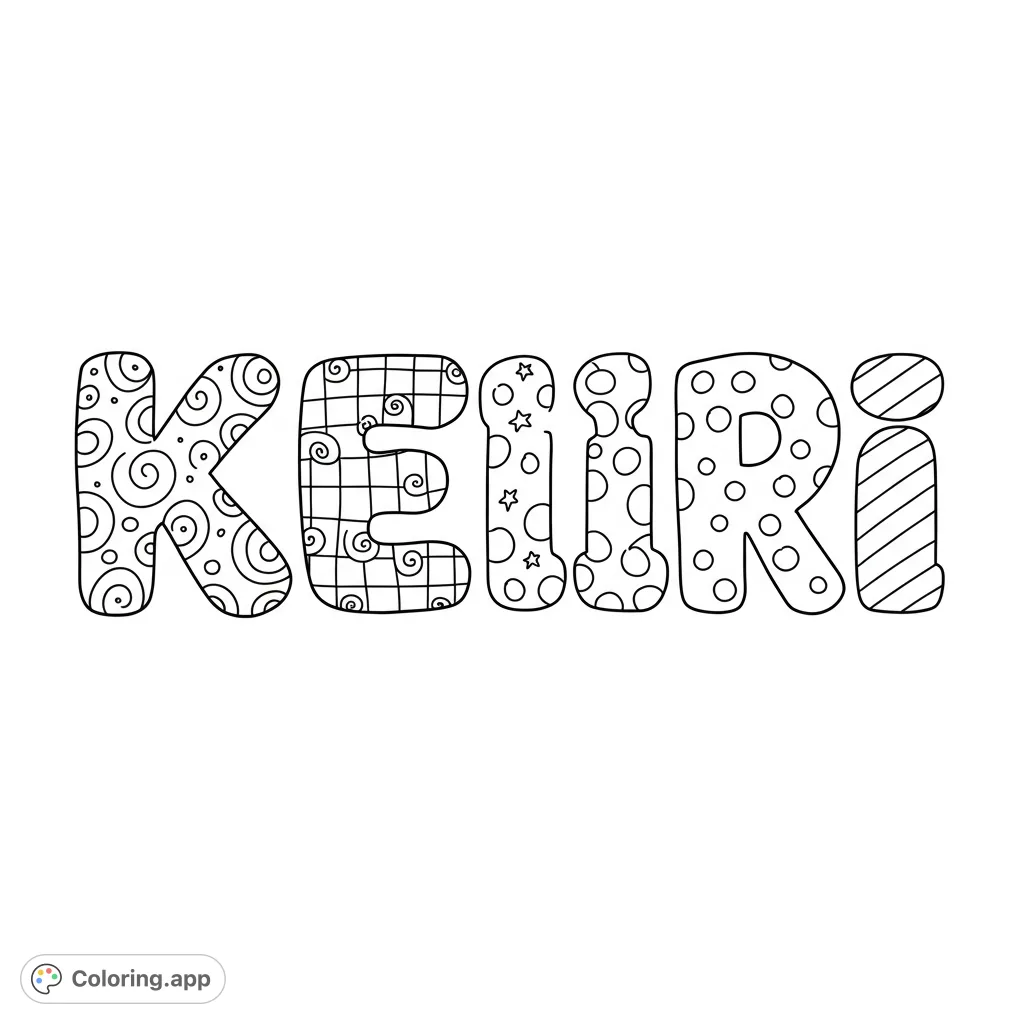 A fun, bubbly KEIRI lettering coloring page featuring playful patterns within each rounded letter, perfect for personalized creativity and relaxation.