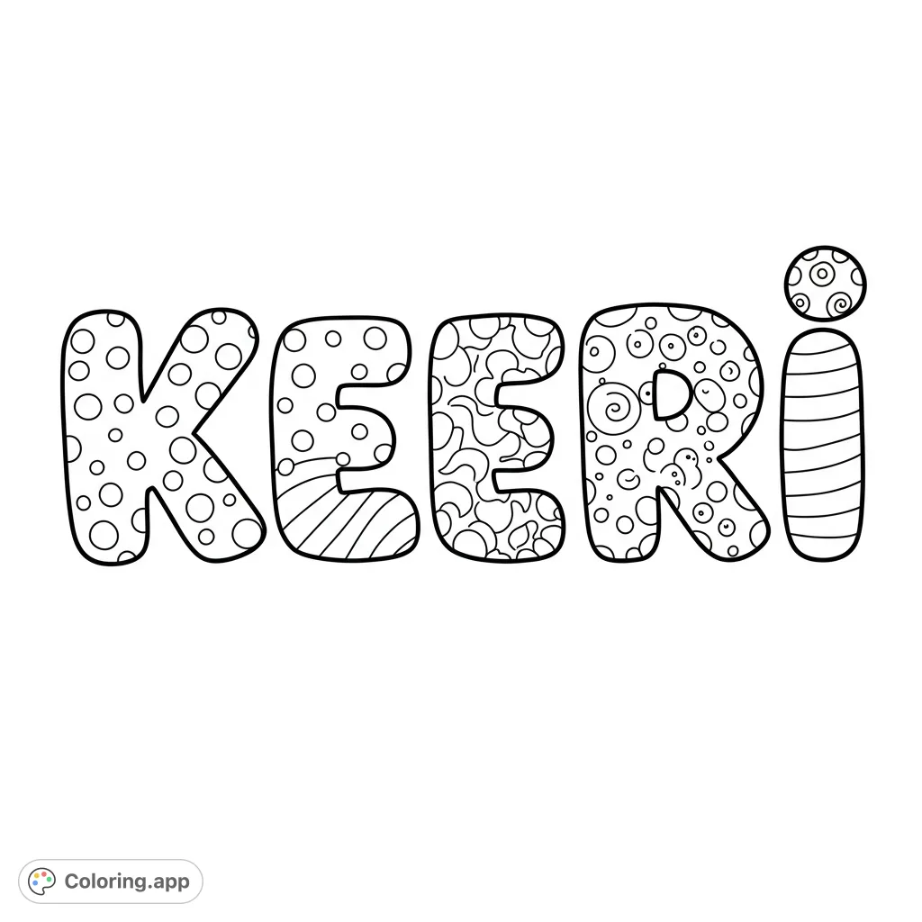 A fun, bubbly 'Keiri' name coloring page with playful patterns inside each letter. Perfect for personalization and creative expression.