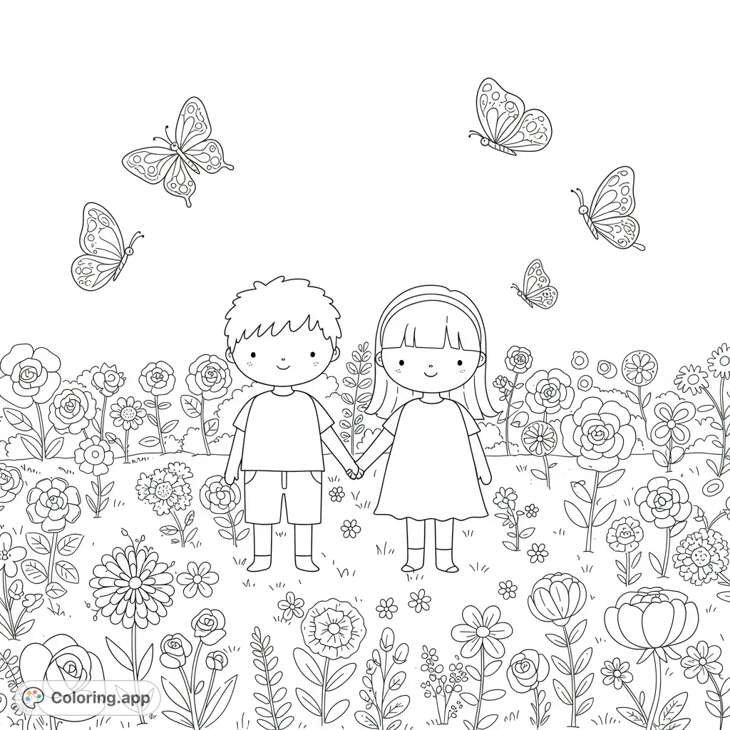 A charming coloring page featuring two cute doodle characters, a boy and a girl, holding hands amidst a field of blooming flowers and fluttering butterflies.