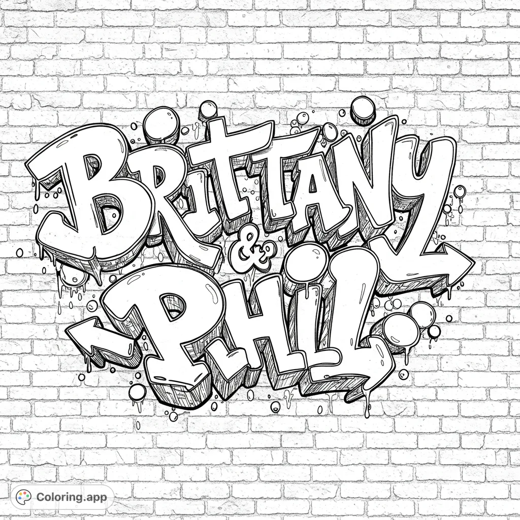 Dynamic graffiti art featuring 'Brittany & Phil' in bold, intricate letters on a textured wall. Perfect for urban art enthusiasts.